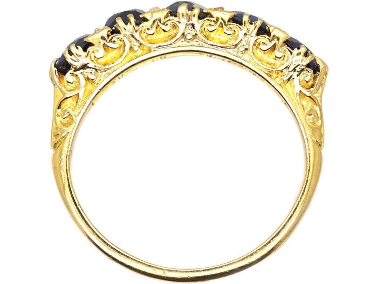 Victorian 18ct Gold Carved Half Hoop Five Stone Sapphire Ring with Diamond Points