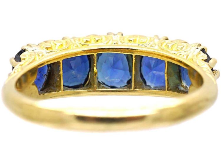Victorian 18ct Gold Carved Half Hoop Five Stone Sapphire Ring with Diamond Points