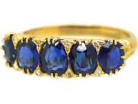 Victorian 18ct Gold Carved Half Hoop Five Stone Sapphire Ring with Diamond Points