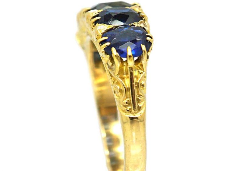 Victorian 18ct Gold Carved Half Hoop Five Stone Sapphire Ring with Diamond Points