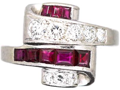 Art Deco Platinum Fancy Crossover Ring set with Diamonds & Rubies