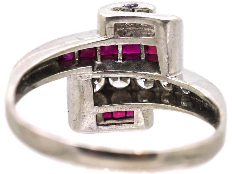 Art Deco Platinum Fancy Crossover Ring set with Diamonds & Rubies