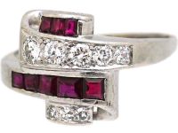 Art Deco Platinum Fancy Crossover Ring set with Diamonds & Rubies