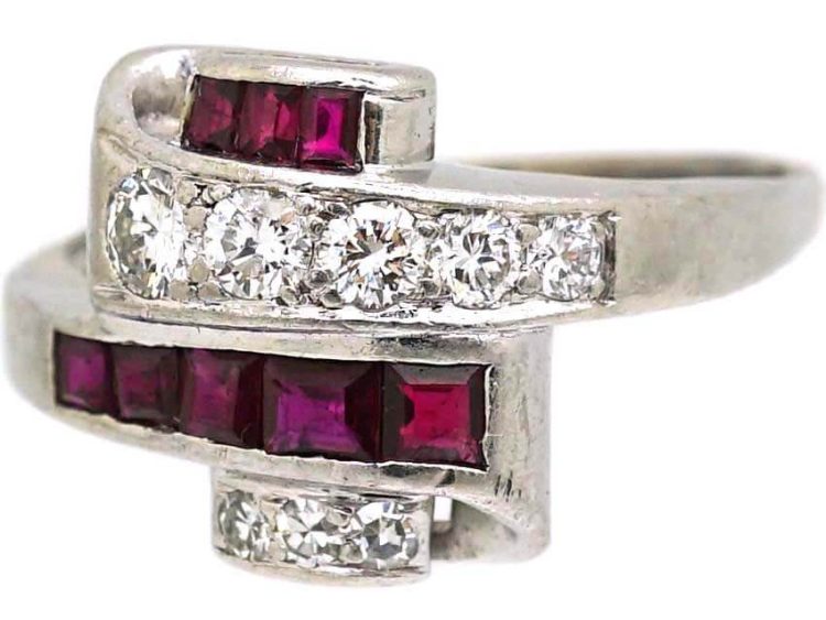Art Deco Platinum Fancy Crossover Ring set with Diamonds & Rubies
