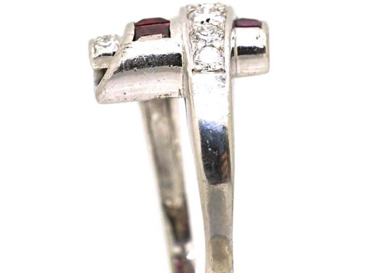 Art Deco Platinum Fancy Crossover Ring set with Diamonds & Rubies