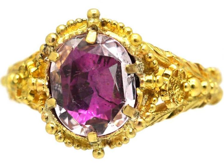 Georgian Ornate 18ct Gold Ring set with a Pale Pink Topaz