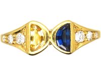 Vintage 18ct Gold, Sapphire & Yellow Sapphire Ring with Diamond Shoulders