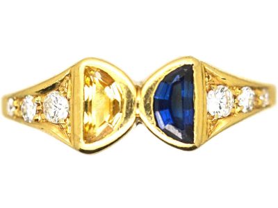 Vintage 18ct Gold, Sapphire & Yellow Sapphire Ring with Diamond Shoulders