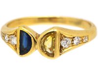 Vintage 18ct Gold, Sapphire & Yellow Sapphire Ring with Diamond Shoulders