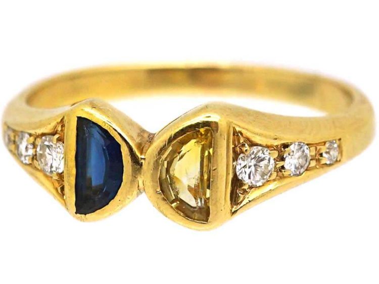 Vintage 18ct Gold, Sapphire & Yellow Sapphire Ring with Diamond Shoulders