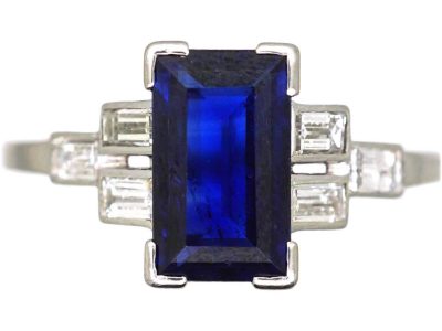 Art Deco Platinum, Rectangular Sapphire Ring with Baguette Diamond Shoulders