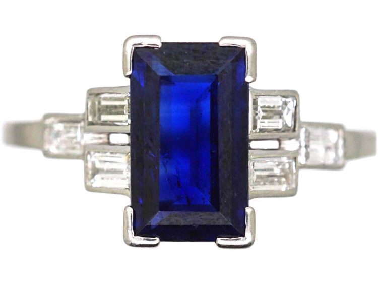 Art Deco Platinum, Rectangular Sapphire Ring with Baguette Diamond Shoulders
