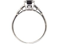 Art Deco Platinum, Rectangular Sapphire Ring with Baguette Diamond Shoulders