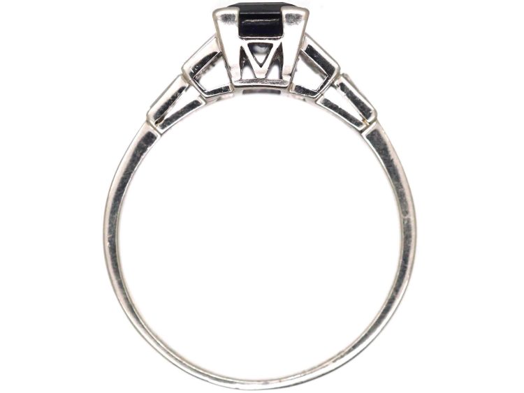 Art Deco Platinum, Rectangular Sapphire Ring with Baguette Diamond Shoulders