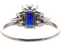 Art Deco Platinum, Rectangular Sapphire Ring with Baguette Diamond Shoulders