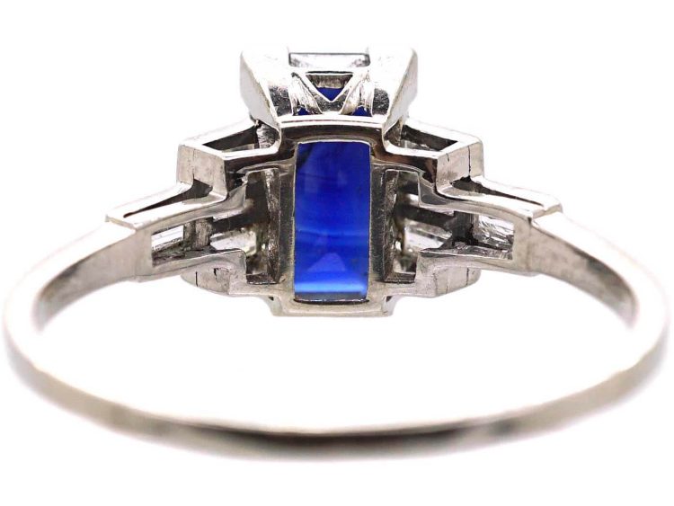 Art Deco Platinum, Rectangular Sapphire Ring with Baguette Diamond Shoulders