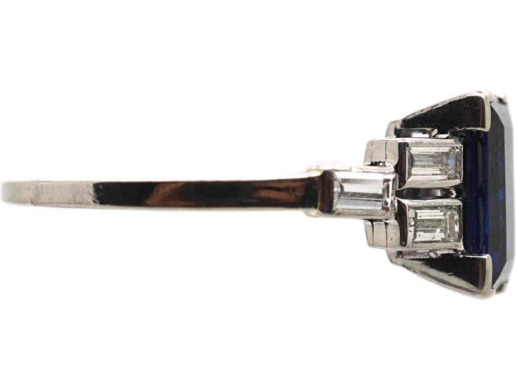 Art Deco Platinum, Rectangular Sapphire Ring with Baguette Diamond Shoulders