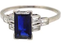 Art Deco Platinum, Rectangular Sapphire Ring with Baguette Diamond Shoulders