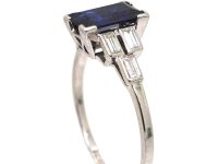 Art Deco Platinum, Rectangular Sapphire Ring with Baguette Diamond Shoulders