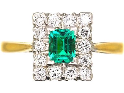 Art Deco 18ct Gold & Platinum Rectangular Ring set with an Emerald & Diamonds