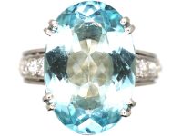 Art Deco Platinum, Large Aquamarine Ring with Diamond set Shank