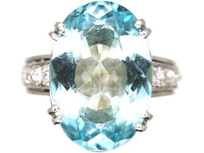 Art Deco Platinum, Large Aquamarine Ring with Diamond set Shank
