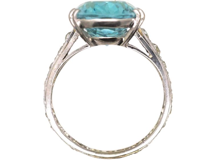 Art Deco Platinum, Large Aquamarine Ring with Diamond set Shank