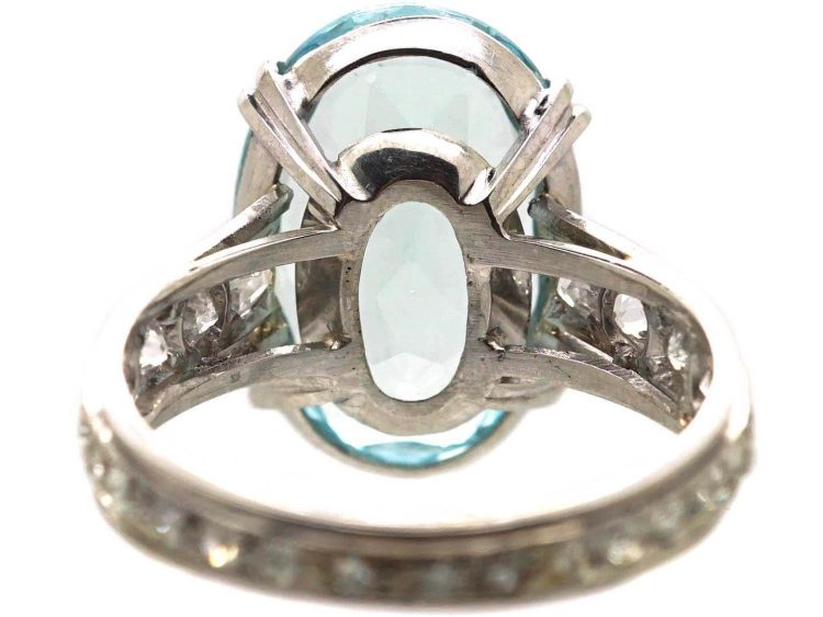 Art Deco Platinum, Large Aquamarine Ring with Diamond set Shank