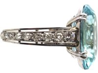 Art Deco Platinum, Large Aquamarine Ring with Diamond set Shank