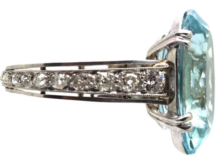 Art Deco Platinum, Large Aquamarine Ring with Diamond set Shank
