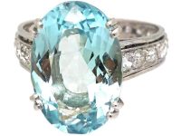Art Deco Platinum, Large Aquamarine Ring with Diamond set Shank