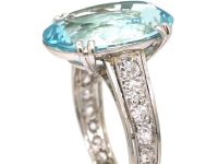 Art Deco Platinum, Large Aquamarine Ring with Diamond set Shank