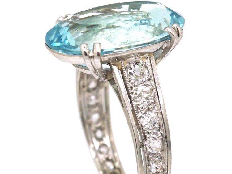 Art Deco Platinum, Large Aquamarine Ring with Diamond set Shank