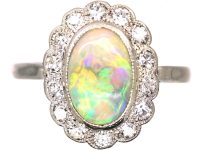 Edwardian 18ct White Gold Opal & Diamond Oval Cluster Ring
