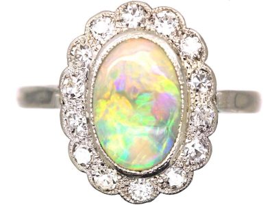 Edwardian 18ct White Gold Opal & Diamond Oval Cluster Ring