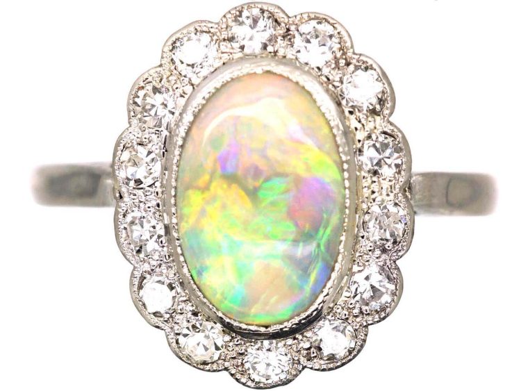 Edwardian 18ct White Gold Opal & Diamond Oval Cluster Ring