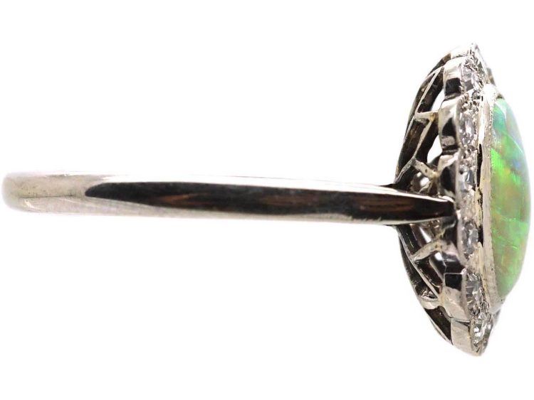 Edwardian 18ct White Gold Opal & Diamond Oval Cluster Ring