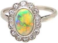 Edwardian 18ct White Gold Opal & Diamond Oval Cluster Ring