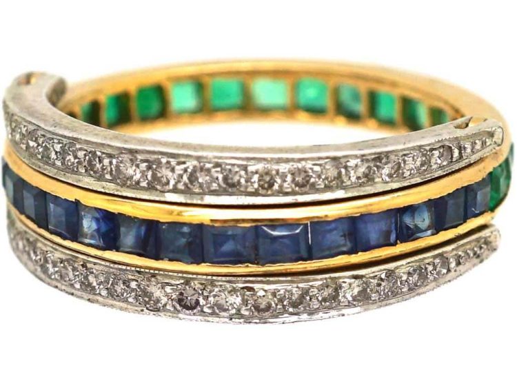 Art Deco 18ct White & Yellow Gold, Emerald, Sapphire & Diamond Flip Over Ring