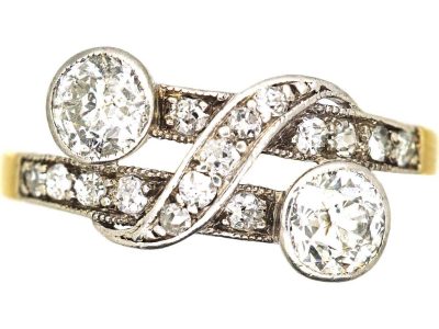 Edwardian 18ct Gold & Platinum Two Stone Diamond Fancy Crossover Ring