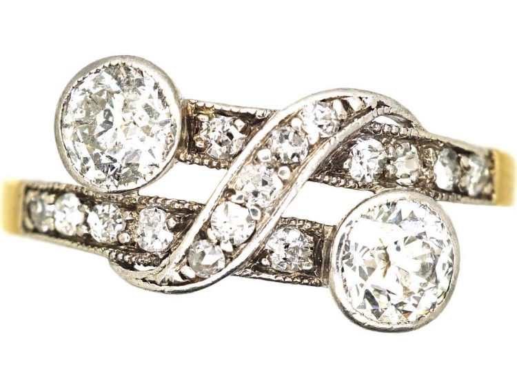 Edwardian 18ct Gold & Platinum Two Stone Diamond Fancy Crossover Ring