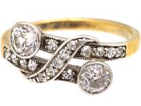 Edwardian 18ct Gold & Platinum Two Stone Diamond Fancy Crossover Ring