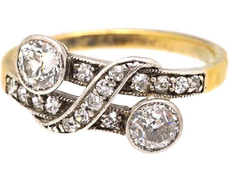 Edwardian 18ct Gold & Platinum Two Stone Diamond Fancy Crossover Ring