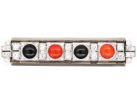 Art Deco 18ct White Gold Brooch set with Onyx, Coral & Diamonds by Asprey