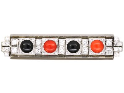 Art Deco 18ct White Gold Brooch set with Onyx, Coral & Diamonds by Asprey