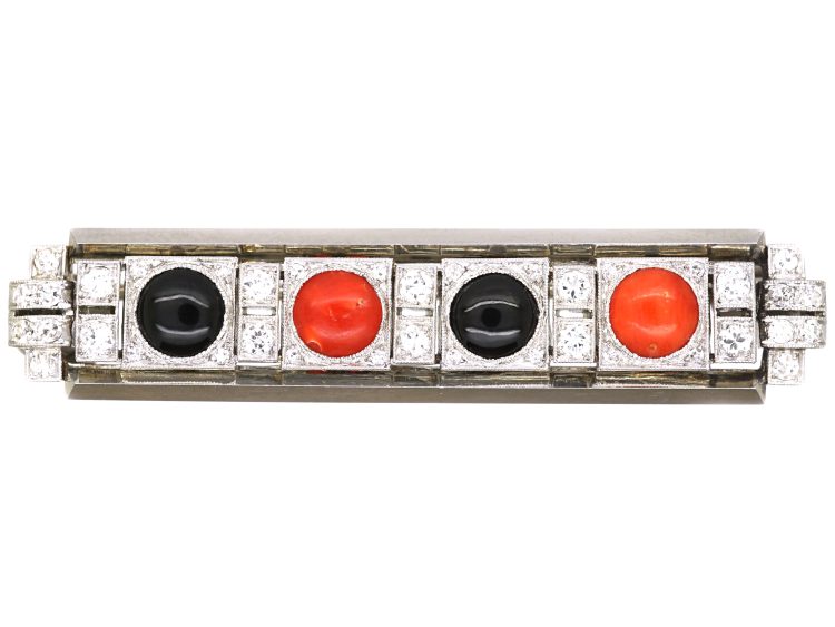 Art Deco 18ct White Gold Brooch set with Onyx, Coral & Diamonds by Asprey