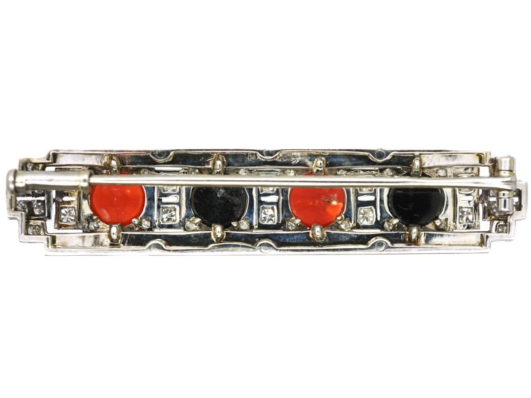 Art Deco 18ct White Gold Brooch set with Onyx, Coral & Diamonds by Asprey