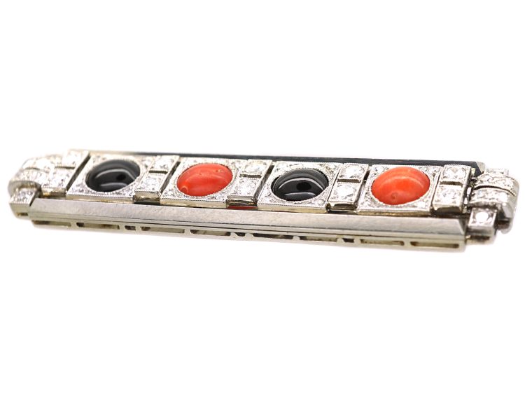 Art Deco 18ct White Gold Brooch set with Onyx, Coral & Diamonds by Asprey