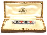 Art Deco 18ct White Gold Brooch set with Onyx, Coral & Diamonds by Asprey