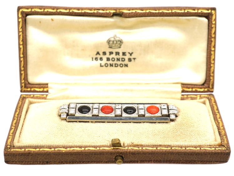 Art Deco 18ct White Gold Brooch set with Onyx, Coral & Diamonds by Asprey